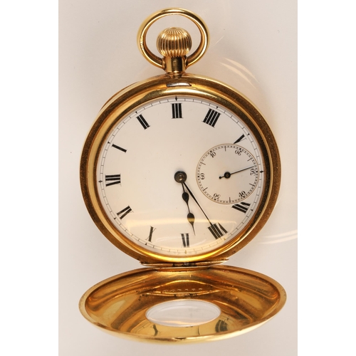 96 - Gents 18ct yellow gold half hunter pocket watch, white enamel dial with Roman numerals and subsidiar... 