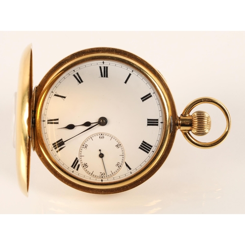 96 - Gents 18ct yellow gold half hunter pocket watch, white enamel dial with Roman numerals and subsidiar... 