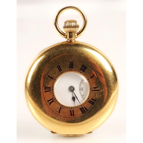 96 - Gents 18ct yellow gold half hunter pocket watch, white enamel dial with Roman numerals and subsidiar... 