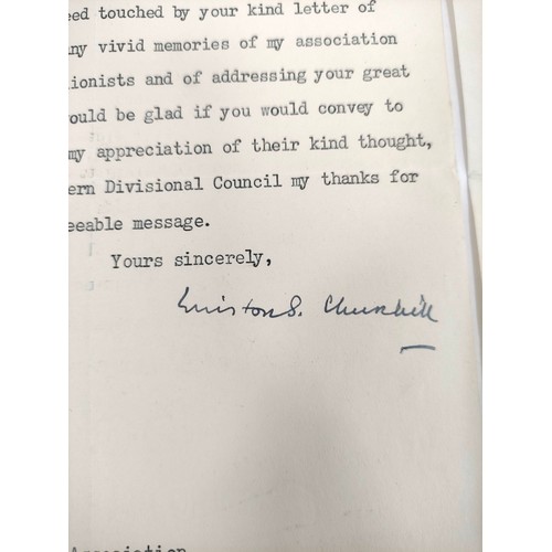 73 - CHURCHILL WINSTON S. - Signed letter. A seven line typed letter of thanks to The President, Central ... 
