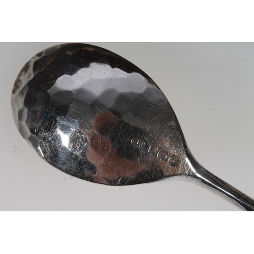 13 - Set of six Geo. V silver and enamel teaspoons, with thistle terminals leading to hammered bowls, Ber... 