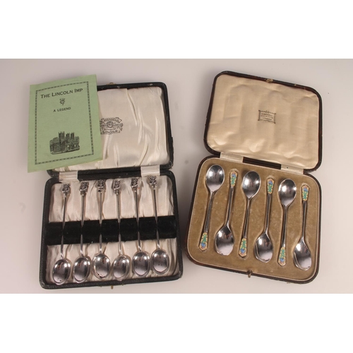 13 - Set of six Geo. V silver and enamel teaspoons, with thistle terminals leading to hammered bowls, Ber... 