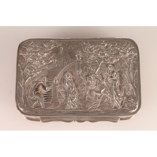 14 - Victorian silver table snuff box, the cover repousse decorated with woodland scene, the edges with s... 