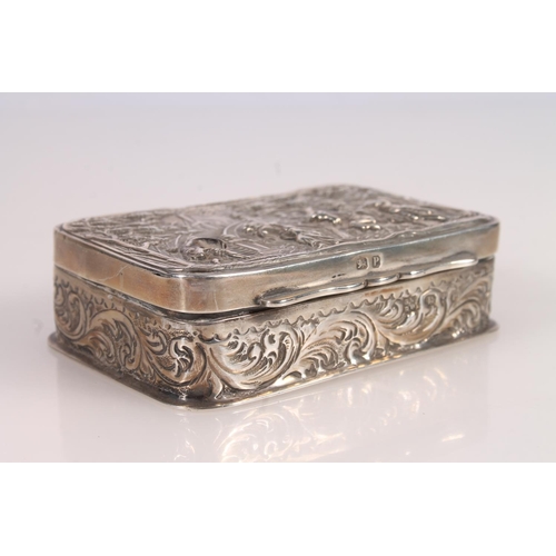 14 - Victorian silver table snuff box, the cover repousse decorated with woodland scene, the edges with s... 