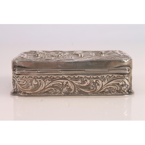 14 - Victorian silver table snuff box, the cover repousse decorated with woodland scene, the edges with s... 