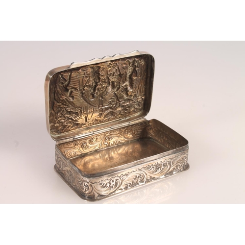 14 - Victorian silver table snuff box, the cover repousse decorated with woodland scene, the edges with s... 