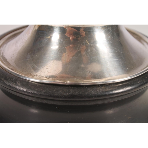 21 - Geo. V silver rose bowl, of plain form on round foot, with ebonised pedestal base, makers rubbed, Lo... 