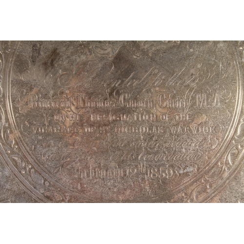 30 - Victorian silver tray of large proportions, the round tray with cast rope twist border around a spra... 