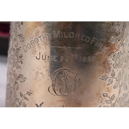 48 - Cased silver four piece christening set comprising fork, spoon, christening mug and napkin ring, Lon... 