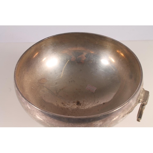 57 - Geo. V silver pedestal fruit bowl, the round bowl with hinged loop handles, tapering to a cast trefo... 