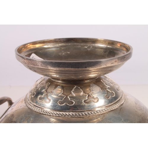 57 - Geo. V silver pedestal fruit bowl, the round bowl with hinged loop handles, tapering to a cast trefo... 