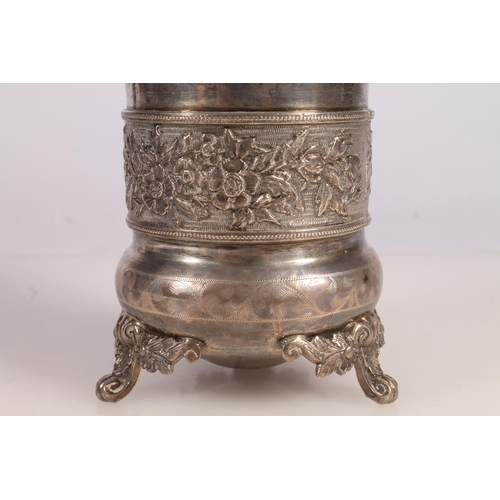 60 - Turkish silver vase, early 20th century, the cast flared rim tapering to a foliate central belt, rai... 