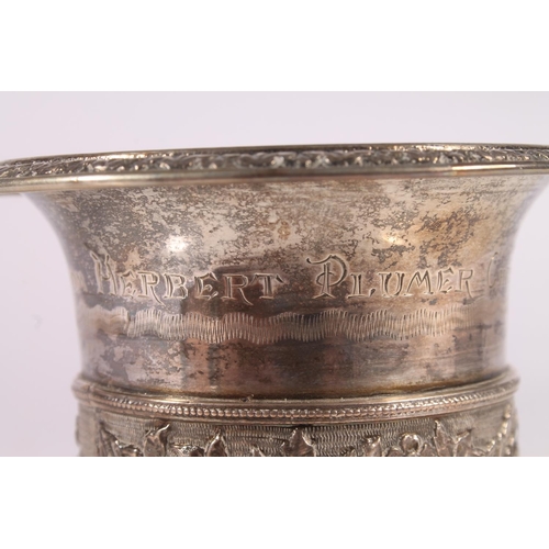 60 - Turkish silver vase, early 20th century, the cast flared rim tapering to a foliate central belt, rai... 