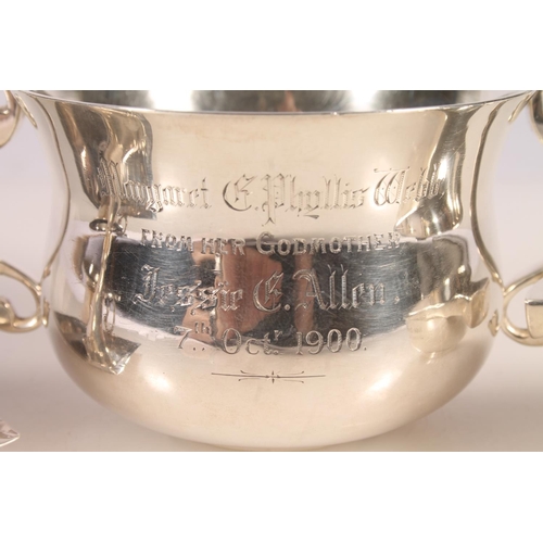 8 - Victorian silver porringer, the shaped body engraved with personalisation, with S-scroll handles, Gi... 