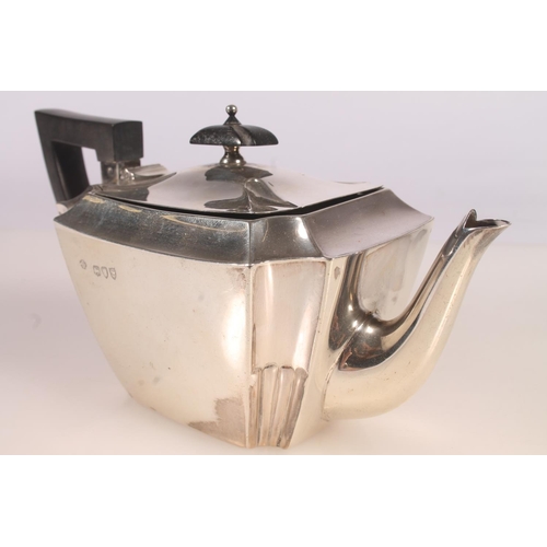 9 - Victorian silver three piece bachelors tea set, the teapot with ebonised angular handle and shaped t... 