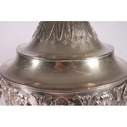 24 - Elkington and Co. silver plated samovar, late 19th century, the urn finial over a domed and embossed... 