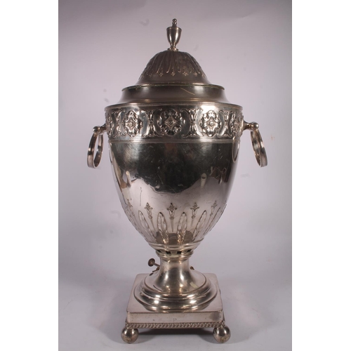 24 - Elkington and Co. silver plated samovar, late 19th century, the urn finial over a domed and embossed... 