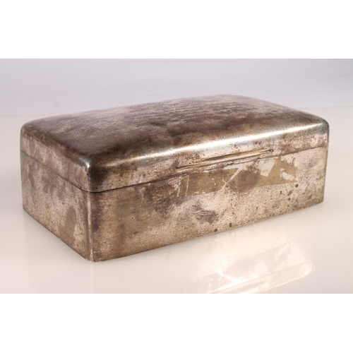 42 - Silver cigarette box of plain rectangular form with wood lined interior, inscribed 'Presented to Lt ... 