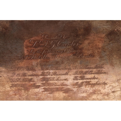 42 - Silver cigarette box of plain rectangular form with wood lined interior, inscribed 'Presented to Lt ... 