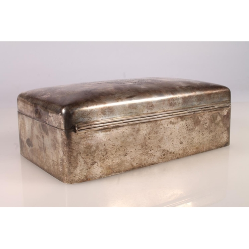 42 - Silver cigarette box of plain rectangular form with wood lined interior, inscribed 'Presented to Lt ... 