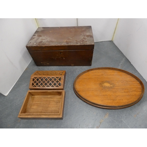 13 - Carton containing a small set of antlers on a wall mount, portable box, Edwardian-style tray, mugs, ... 