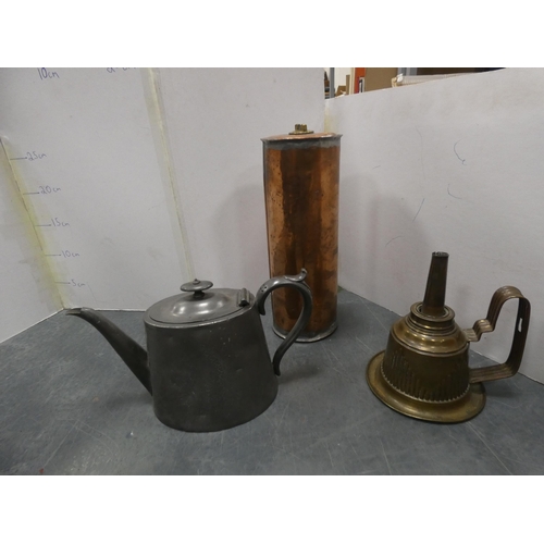 18 - Arts & Crafts-style copper tray, stamped 'HW', probably Hugh Wallis, other metalware to include ... 