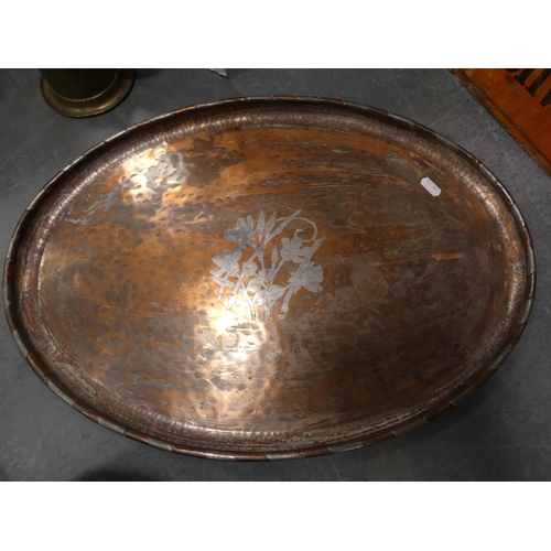 18 - Arts & Crafts-style copper tray, stamped 'HW', probably Hugh Wallis, other metalware to include ... 