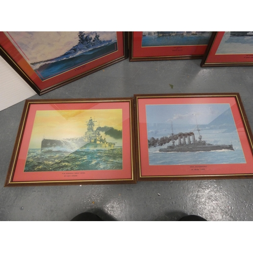 30 - Five prints of naval ships, all titled, framed and glazed.