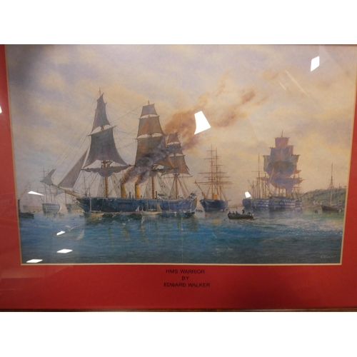 30 - Five prints of naval ships, all titled, framed and glazed.