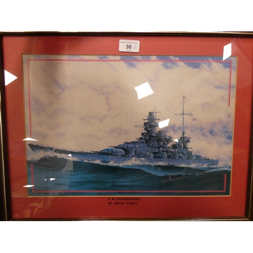 30 - Five prints of naval ships, all titled, framed and glazed.