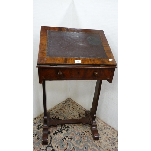 418 - Victorian mahogany writing desk with ratchet pull-up top and single drawer.
