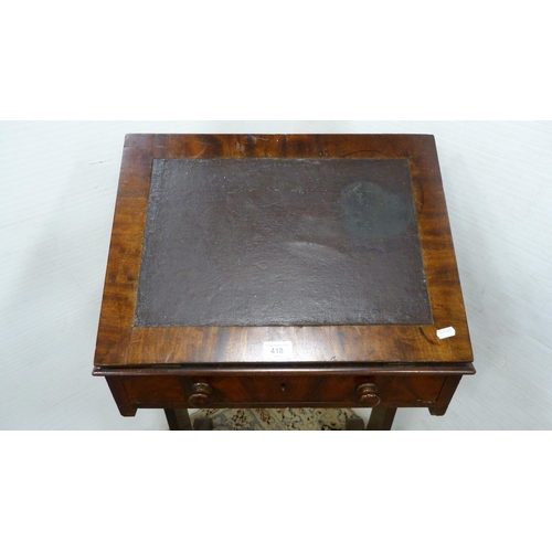 418 - Victorian mahogany writing desk with ratchet pull-up top and single drawer.