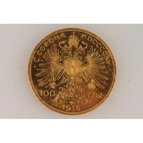 1688 - AUSTRIA Franz Josef (1848-1916) gold 100 corona coin 1915, probably a restrike, [900grade gold, 37mm... 