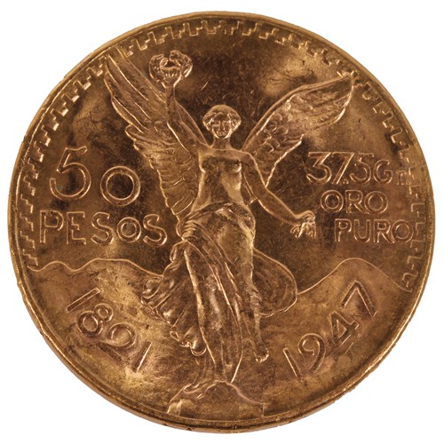 MEXICO gold fifty pesos coin 1947, probably a restrike from the period 1949-1972 in which near 4million pieces were struck, [900grade gold, 37mm, 41.6g], KM#481.