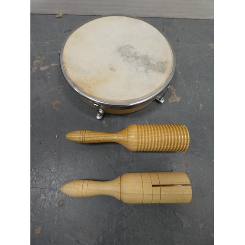 49 - Collectables to include ceiling light attachments, wooden percussion instruments, drum, African wall... 