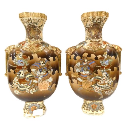 Large pair of modern Japanese Satsuma moon flask vases 42cm.
