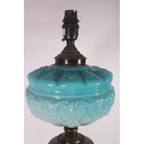 16 - Late Victorian painted glass oil lamp, 68cm high.