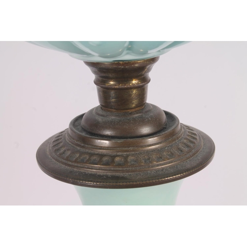 16 - Late Victorian painted glass oil lamp, 68cm high.