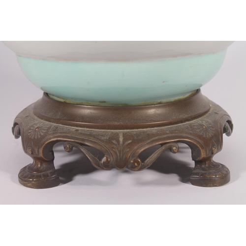 16 - Late Victorian painted glass oil lamp, 68cm high.