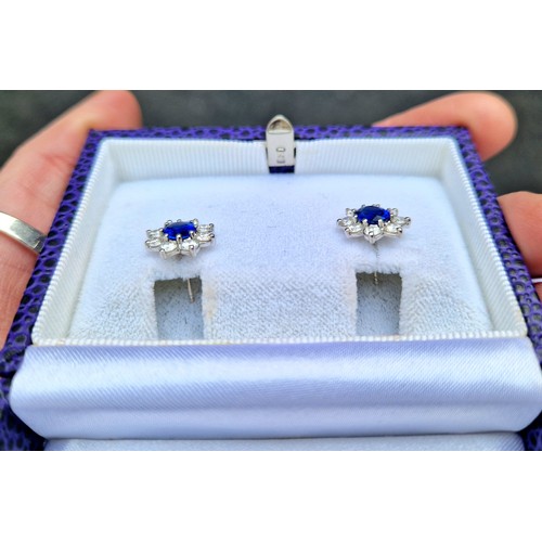 64 - Pair of ladies 18ct white gold sapphire and diamond earrings, central sapphire surrounded by eight s... 