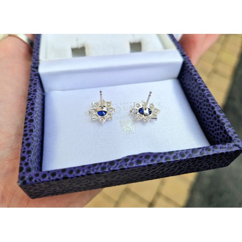 64 - Pair of ladies 18ct white gold sapphire and diamond earrings, central sapphire surrounded by eight s... 