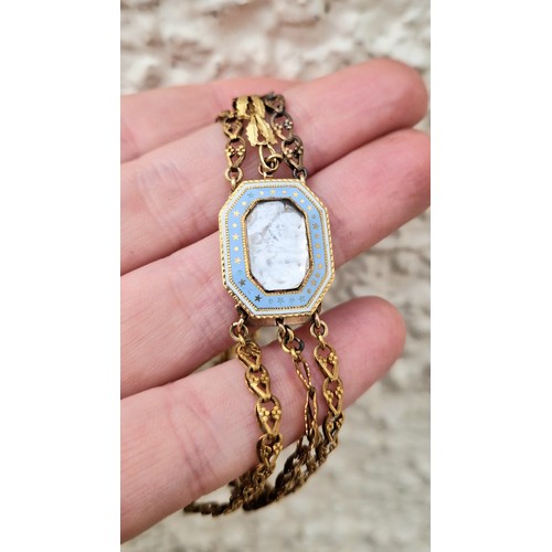 57 - Ladies three strand yellow metal bracelet with enamelled mourning clasp, 10.2g