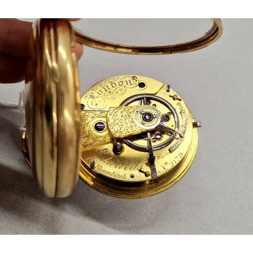 92 - Gents 18ct gold open face pocket watch, white enamel dial with Roman numerals and subsidiary dial, t... 