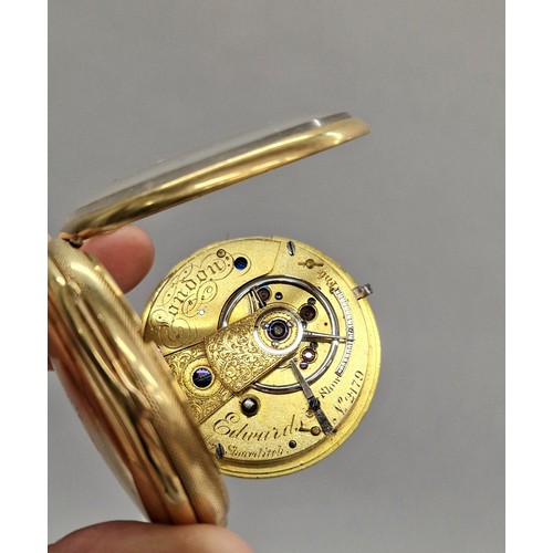 92 - Gents 18ct gold open face pocket watch, white enamel dial with Roman numerals and subsidiary dial, t... 