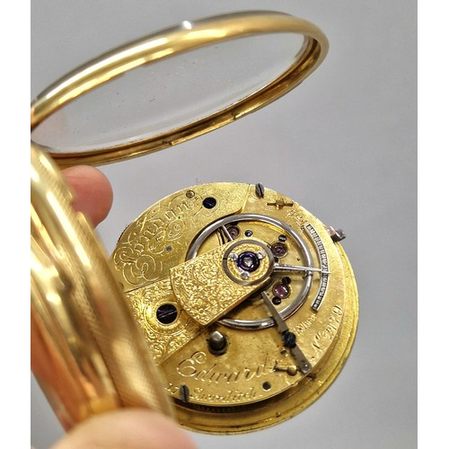 92 - Gents 18ct gold open face pocket watch, white enamel dial with Roman numerals and subsidiary dial, t... 