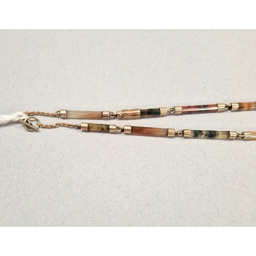 56 - Ladies agate necklace mounted in unmarked yellow metal, 39cm long