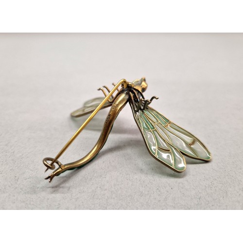 59 - Art Nouveau style Scandinavian enamelled dragonfly brooch, Marius Hammer of Norway, 930 silver, gree... 