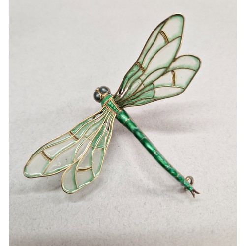 59 - Art Nouveau style Scandinavian enamelled dragonfly brooch, Marius Hammer of Norway, 930 silver, gree... 
