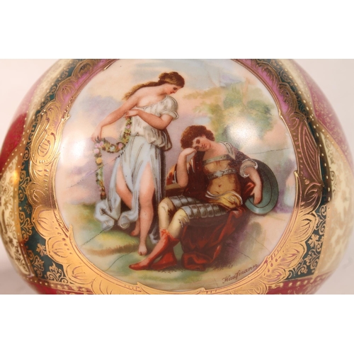 25 - Pair of Austrian Vienna style porcelain bottle vases, 35cm high.