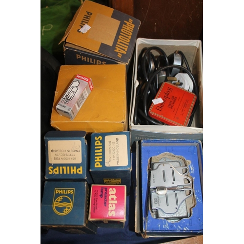 40 - Admiralty 1640 tester, a cine lighting fitting in original box, projector lamps and equipment, etc.
